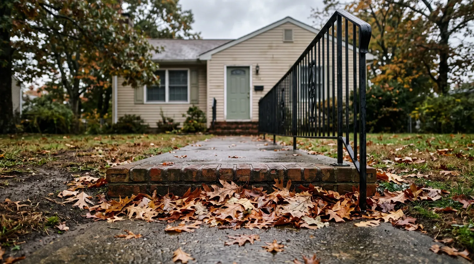 Wet autumn leaves covering a front walkway and steps, a seasonal fall risk for seniors in Monmouth and Ocean County